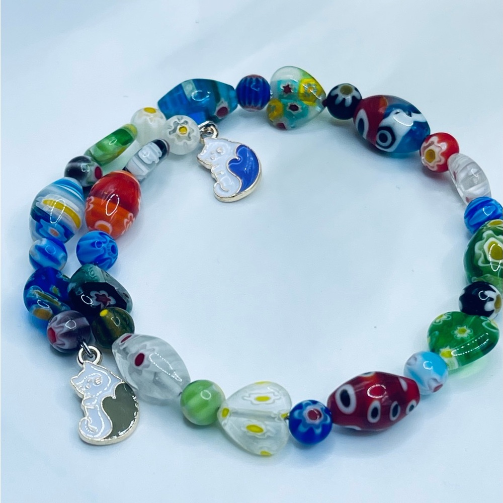 Colorful Beaded Bracelet with Cat Charms